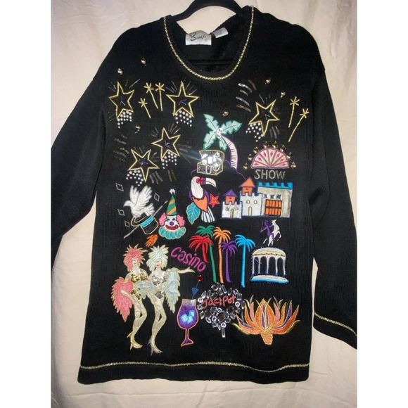 berek Sweaters - Vintage Las Vegas Casino Novelty Knit Sweater Black Embroidered One Size